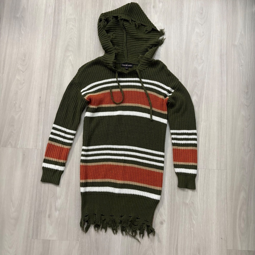Almost Famous Sweater Womens Green Striped Hooded Dress Distressed Edges Size M